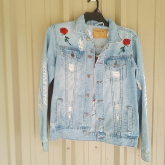 Women's Carbon Savage Distressed Blue Jean Denim Jacket Size Small Red Dragon - Picture 5 of 11